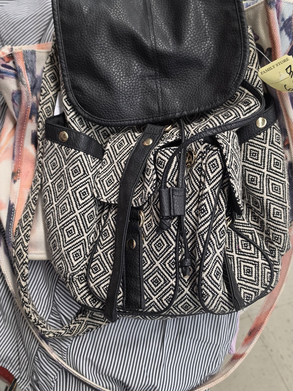 Expressions BrandBlack & Cream Geometric Drawstring Backpack Faux-Leather Trim